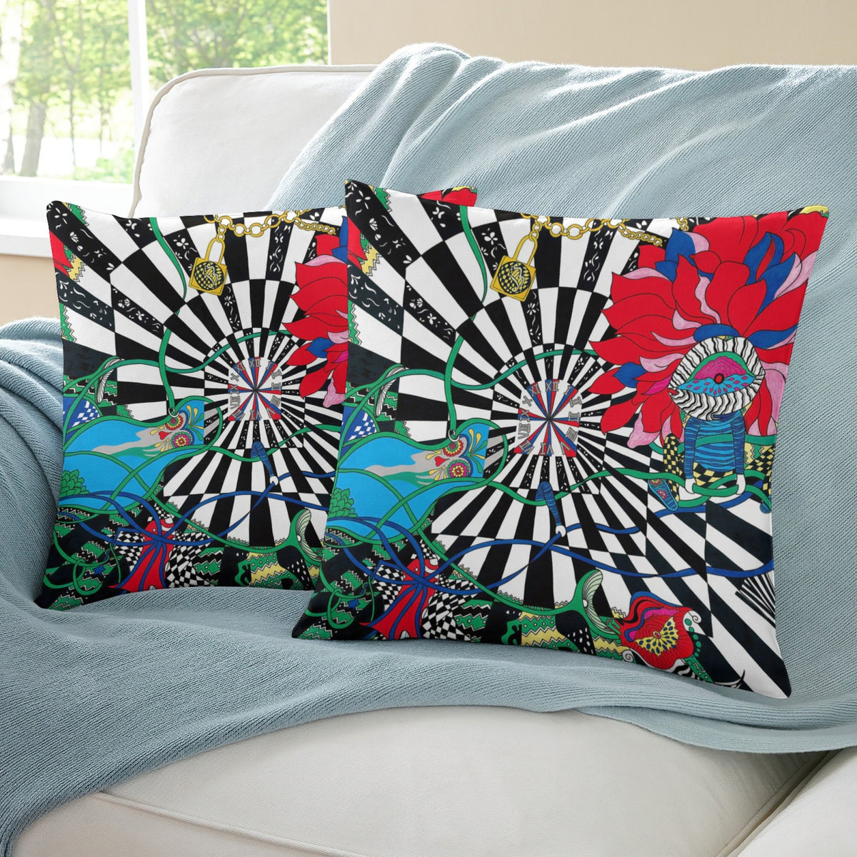 Blue Time Vortex boho velvet throw pillow cover 18x18 - original artist designed print by Black Butterfly Art (view 5)