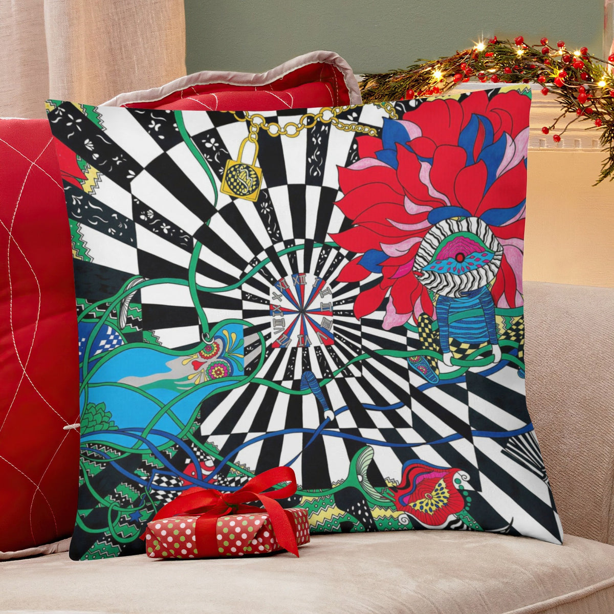 Blue Time Vortex boho velvet throw pillow cover 18x18 - original artist designed print by Black Butterfly Art (view 6)