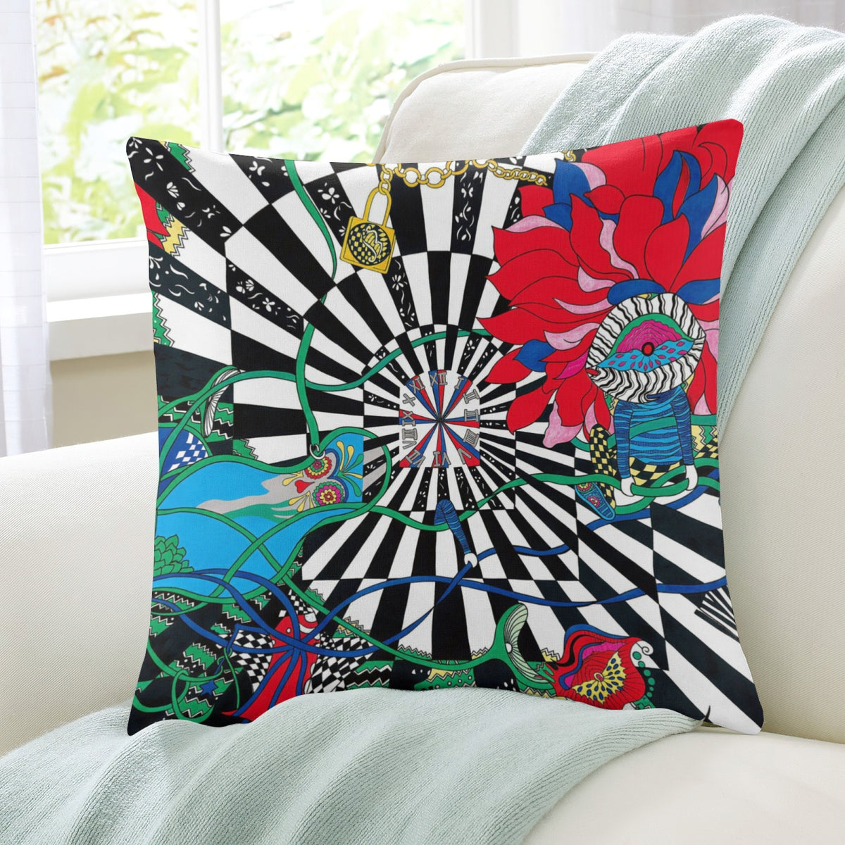Blue Time Vortex boho velvet throw pillow cover 18x18 - original artist designed print by Black Butterfly Art (view 7)