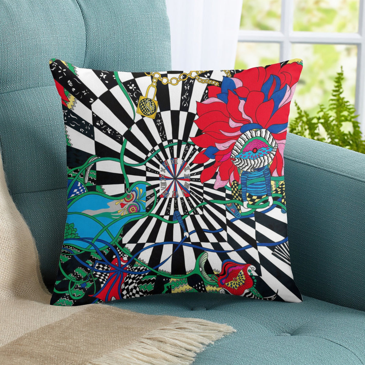 Blue Time Vortex boho velvet throw pillow cover 18x18 - original artist designed print by Black Butterfly Art (view 8)
